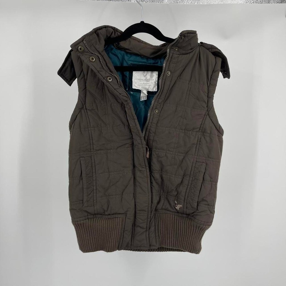 Y2K American Eagle Puffer Vest Brown Small Fall Bella Elena 2010s Gorpcore Hood